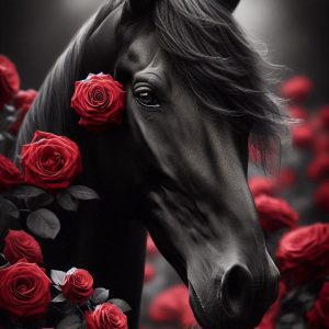 cheval-noir-roses-rouges
